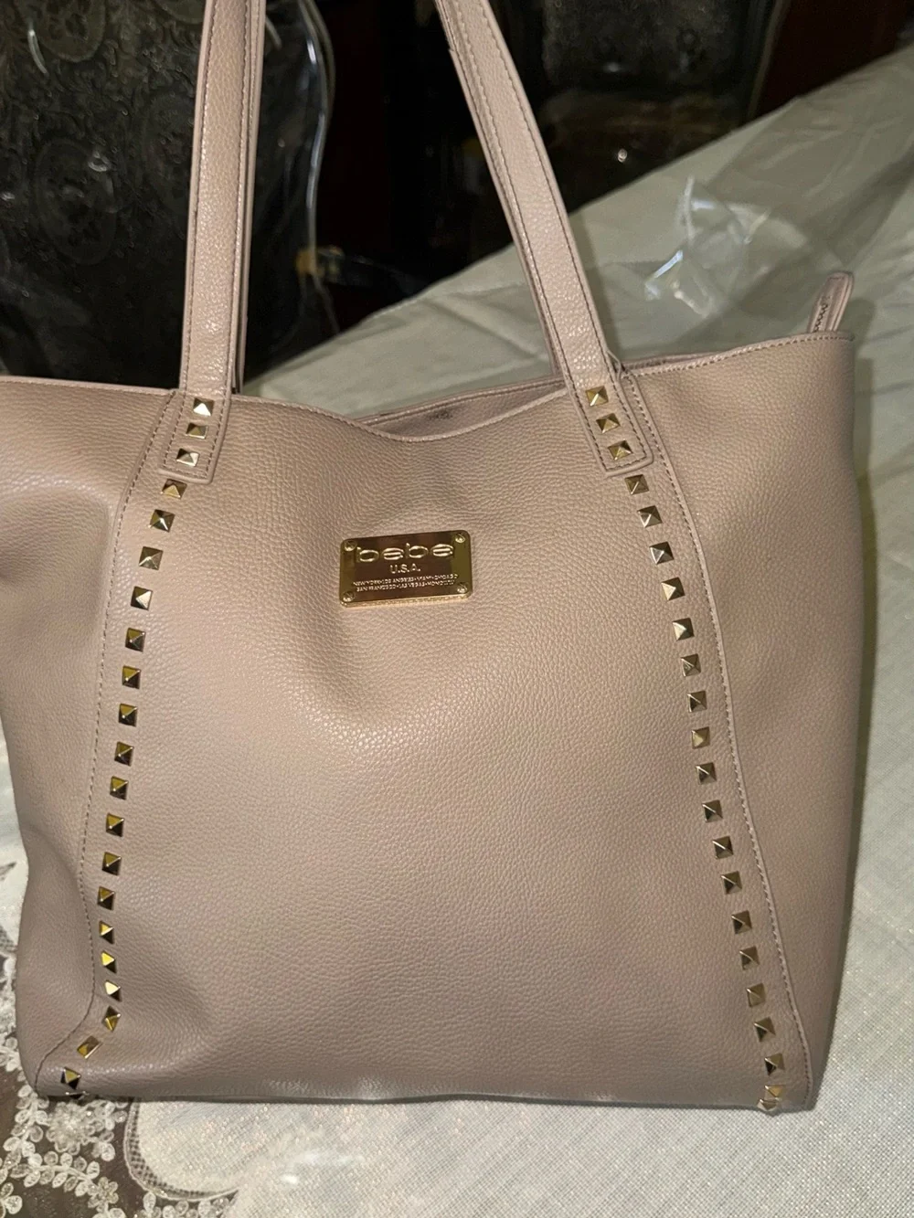 bebe Blush Pink Tote with Gold Stud Accents